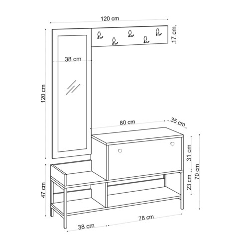 Mobilier hol, Emerald, Lopp, 120 x 70 x 35 cm, pal melaminat, alb/negru