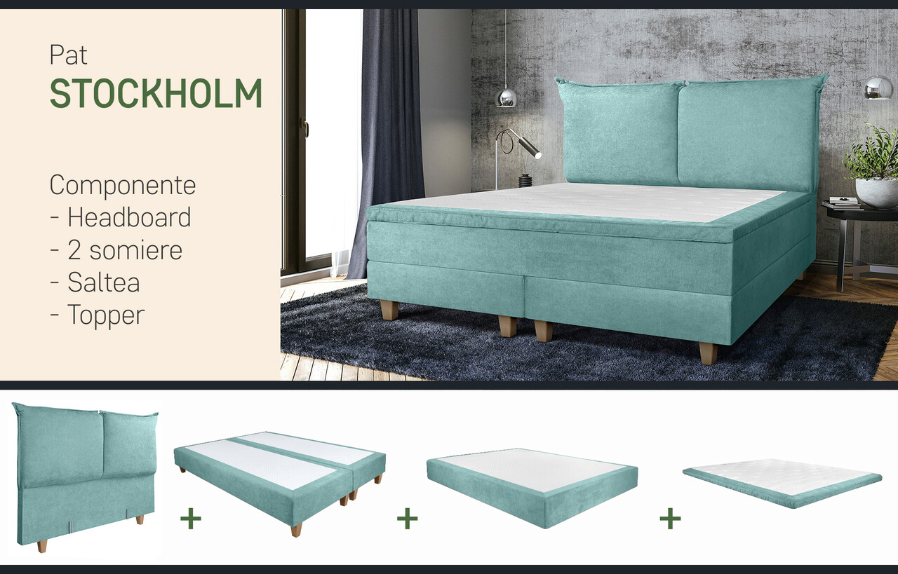 Pat matrimonial, Stockholm, Pillows E, 140x200 cm, saltea tip Pocket, topper memory, Mint - 1 | YEO