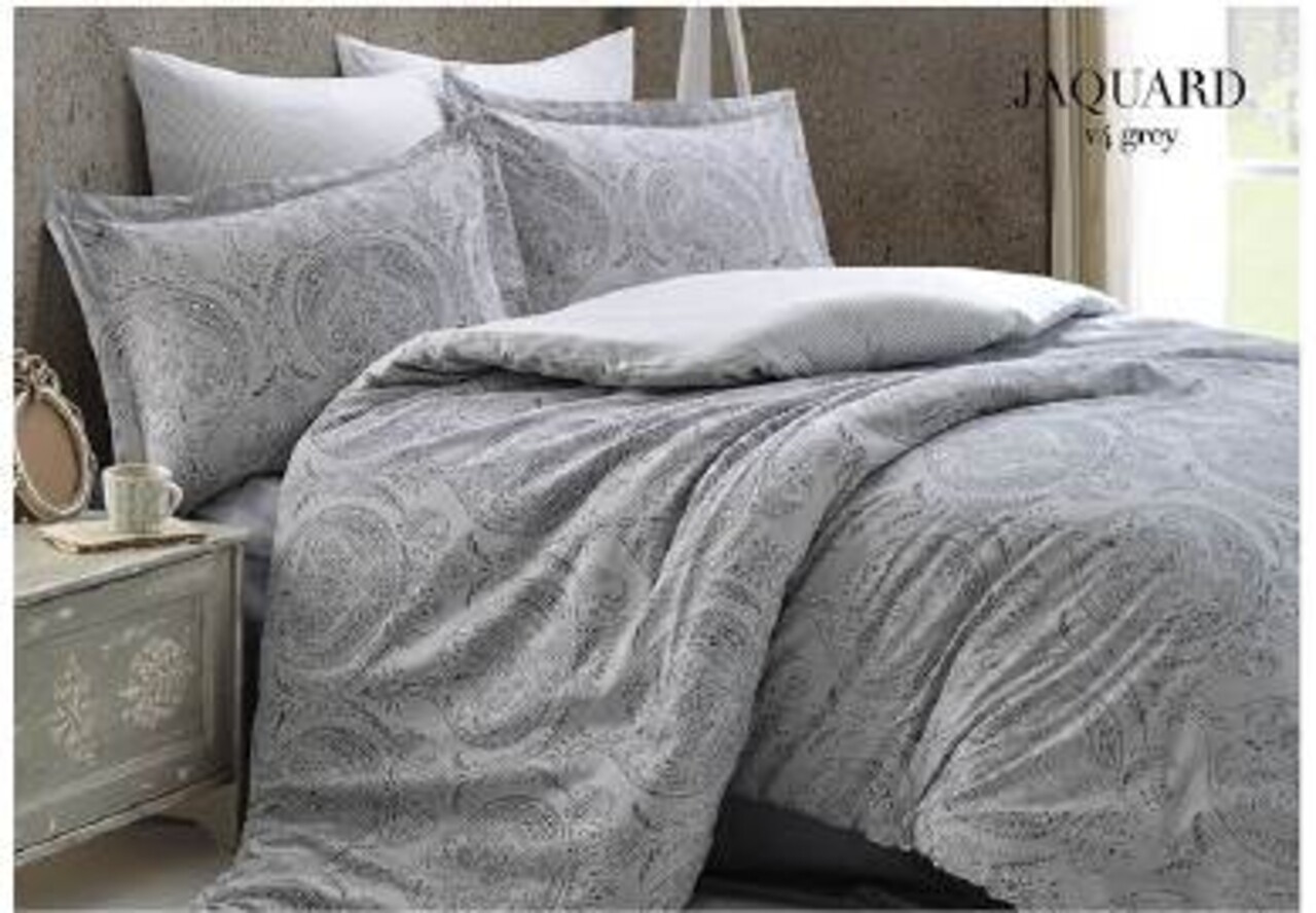 Lenjerie De Pat Dubla Jacquard V4, Majoli Home Collection, 6 Piese, 240x260 Cm, Bumbac Satinat, Gri