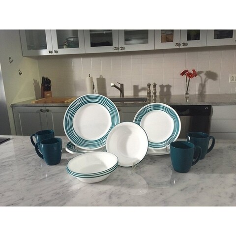 Serviciu de masa 16 piese, Corelle, Brushed Turcoaz, sticla Vitrelle/ceramica, alb/turcoaz