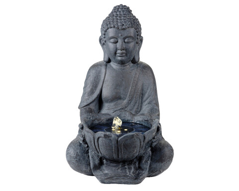 Fantana decorativa solara cu iluminare LED Buddha, Lumineo, pentru exterior, 28 x 29.5 x 45 cm, IP68, antracit/alb