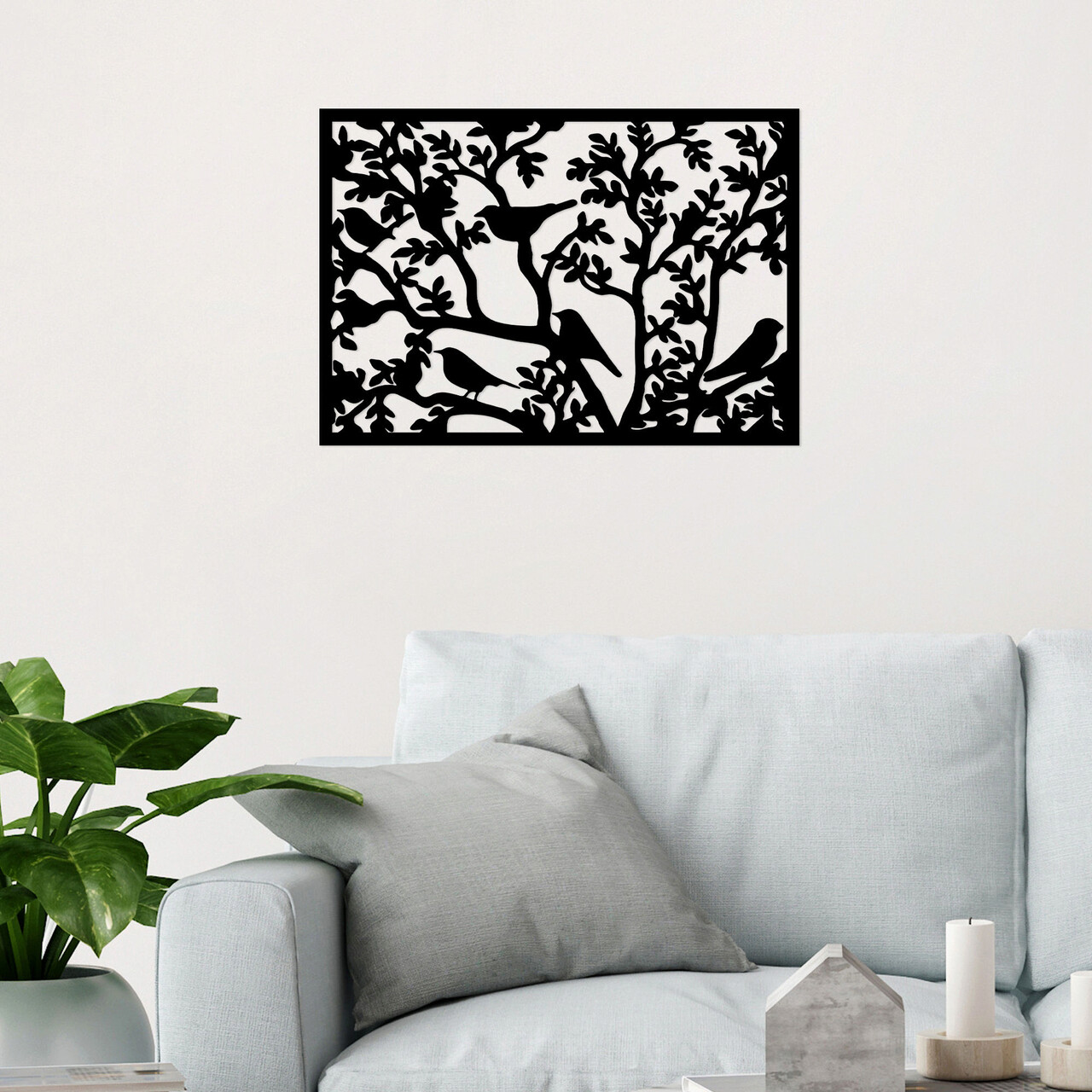 Decoratiune de perete, Tree Branch Birds 2, Metal, Dimensiune: 59 x 41 cm, Negru - 1 | YEO