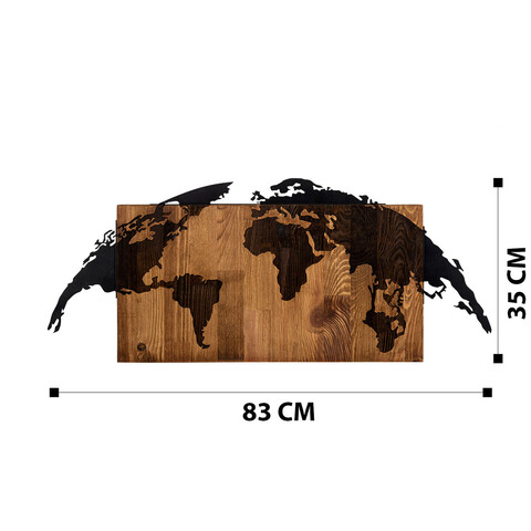 Decoratiune de perete, World Map, Metal, Dimensiune: 49 x 49 cm, Nuc negru