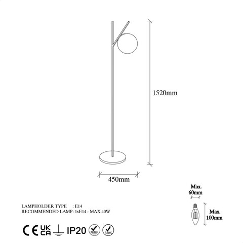 Lampadar, Fork - 13029, Fulgor, 31 x 45 x 152 cm, 1 x E14, 40W, auriu