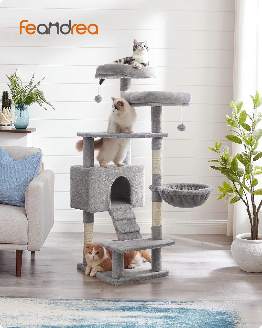 Ansamblu de joaca pisici cu hamac / arbore pentru pisici, Feandrea, 50x45x142 cm, PAL/plus/sisal, gri deschis
