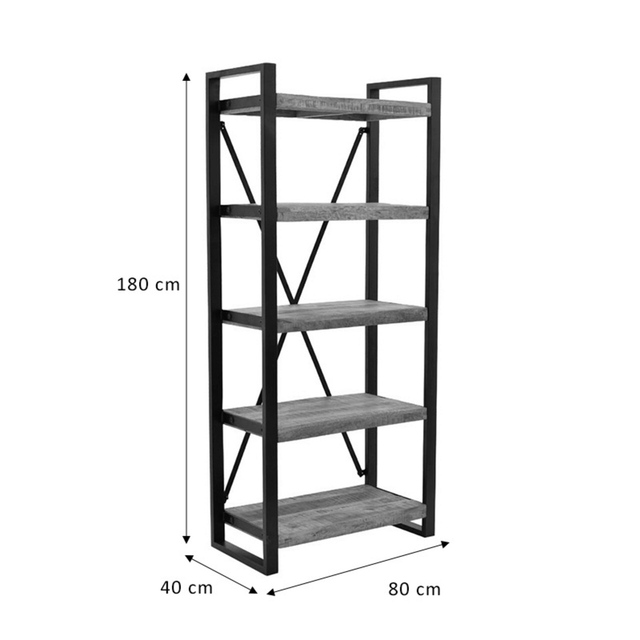 Corp biblioteca Miles, Pakoworld, 80x40x180 cm, lemn de mango/metal, natural/negru