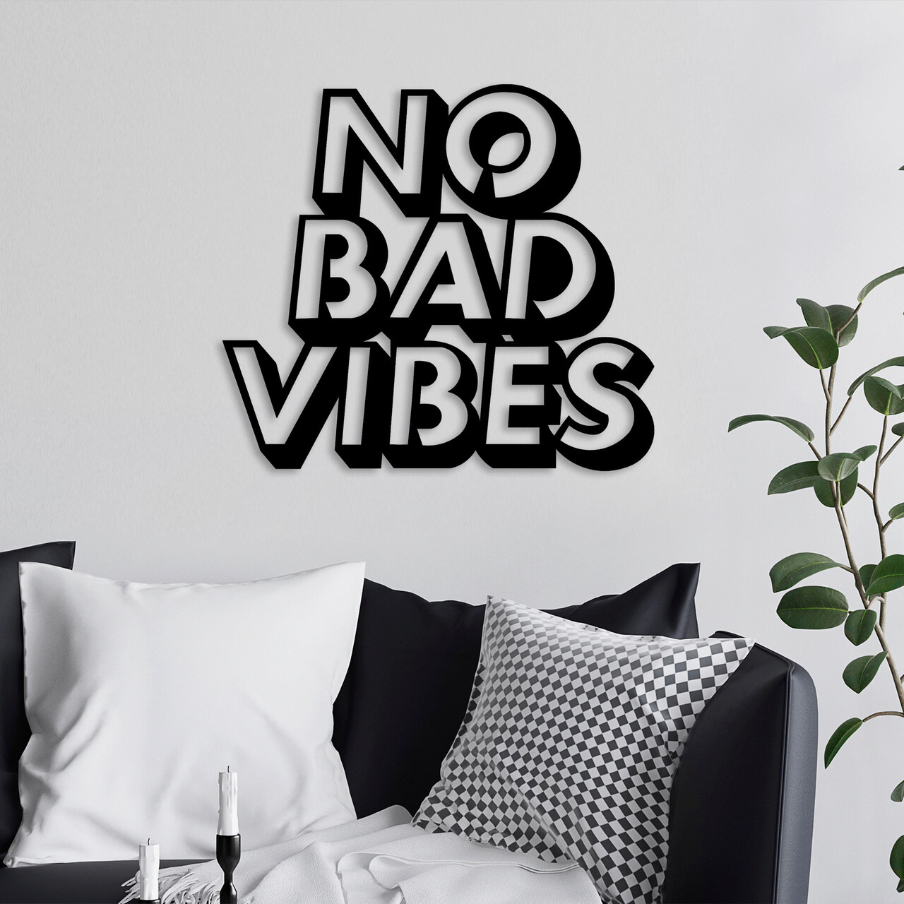 Decoratiune de perete, No Bad Vibes, Metal, Dimensiune: 63 x 1,5 x 55 cm, Negru - 1 | YEO