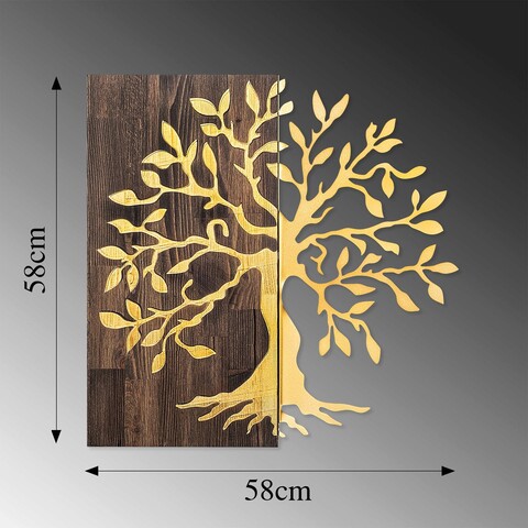 Decoratiune de perete, Tree, 50% lemn/50% metal, Dimensiune: 58 x 58 cm, Nuc / Aur