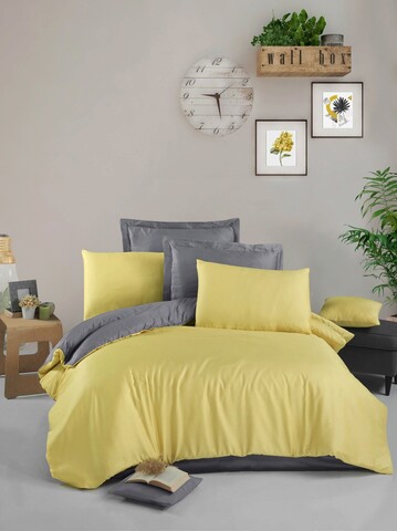 Lenjerie de pat pentru o persoana (FR), Yellow - Grey, Victoria, Bumbac Satinat