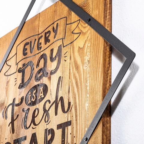 Decoratiune de perete, Every Day İs A Fresh Start, 50% lemn/50% metal, Dimensiune: 54 x 54 cm, Nuc / Negru