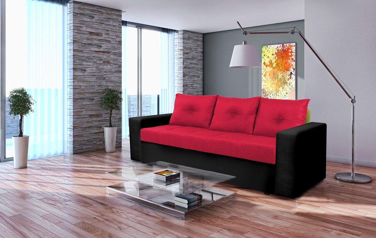 Canapea extensibila, Toledo, 226x90x86 cm, lada de depozitare, Rosu/Negru