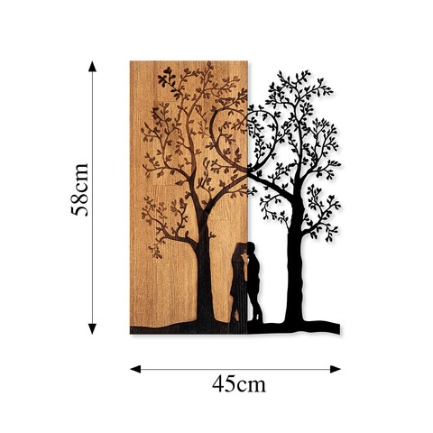 Decoratiune de perete, Love Under The Tree, 50% lemn/50% metal, Dimensiune: 45 x 58 cm, Nuc / Negru