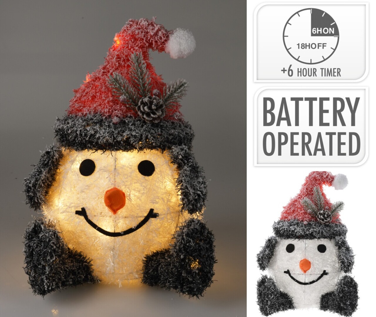 Decoratiune luminoasa cu 20 LED-uri Snowman w red hat v2, cu baterii, 30x33x40 cm, poliester, multicolor