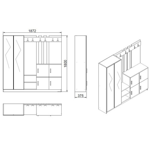 Cuier de perete, Locelso, DD9, 187.2x180x37.5 cm, Pin Atlantic / Antracit