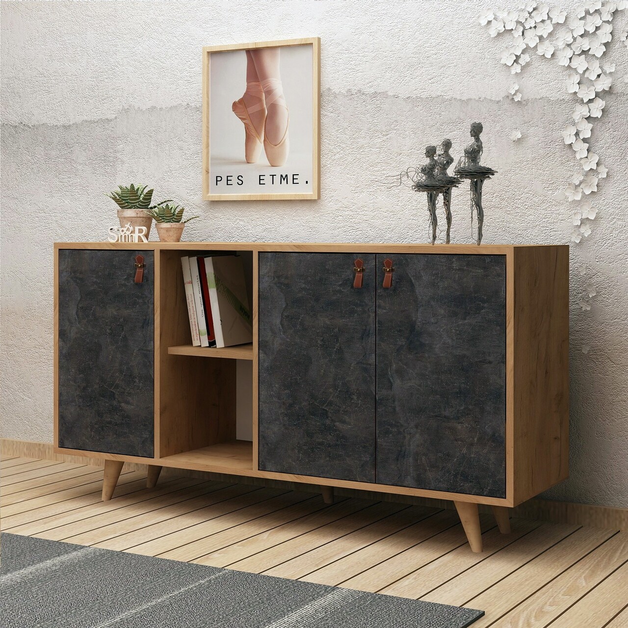 Consola, Mod Design, Planky, 140 x 86 x 40 cm, pal melaminat, stejar/gri - 2 | YEO