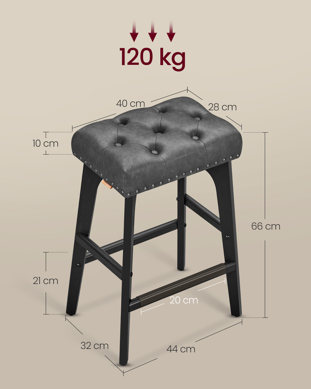 Set 2 Scaune De Bar, Vasagle, 44x32x66 Cm, Max 120 Kg, Lemn De Cauciuc/piele Ecologica, Negru Ink