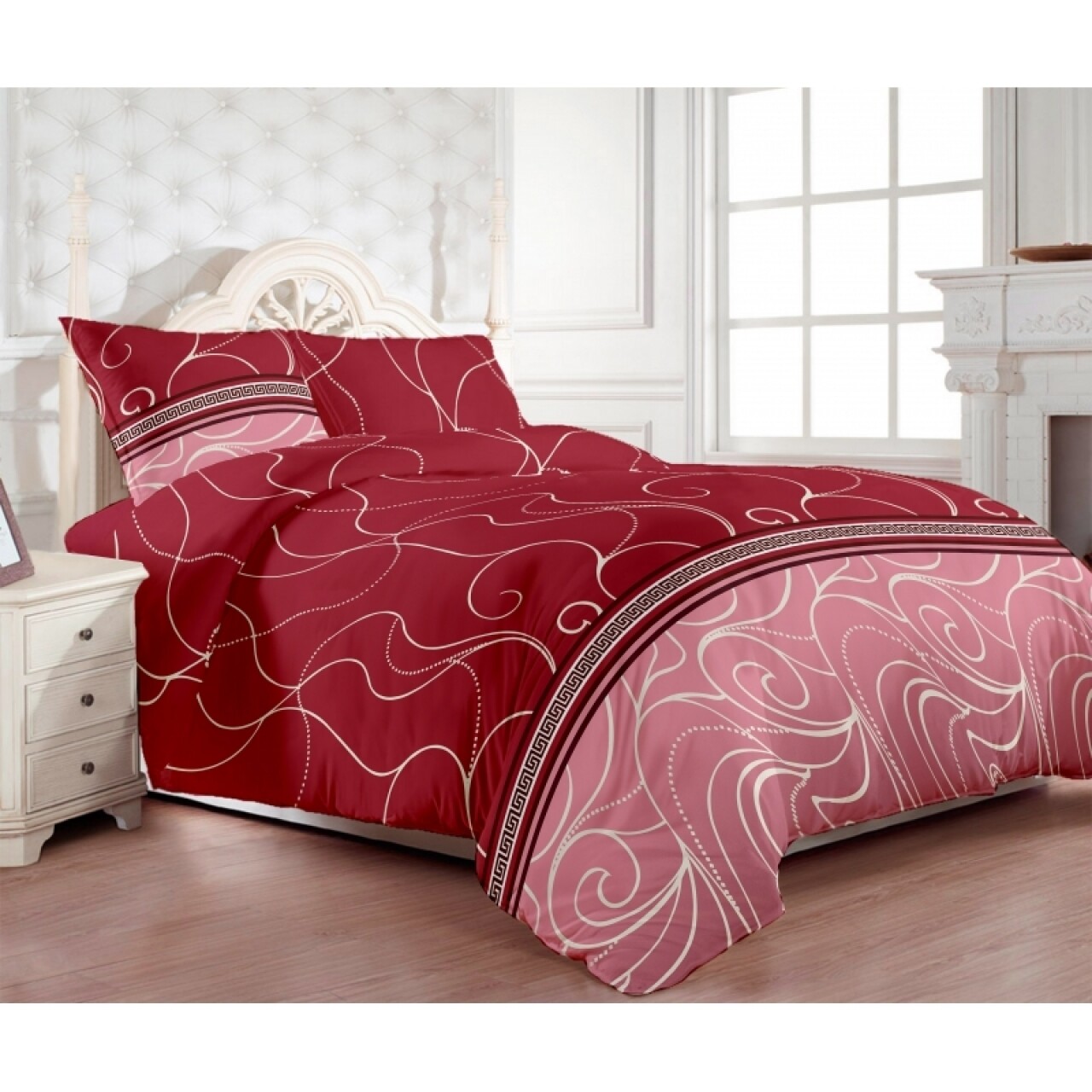 Lenjerie De Pat Dubla King Red Size Swirl 01, 4 Piese, 220 X 250 Cm, 100% Bumbac Ranforce, Rosu/roz/alb