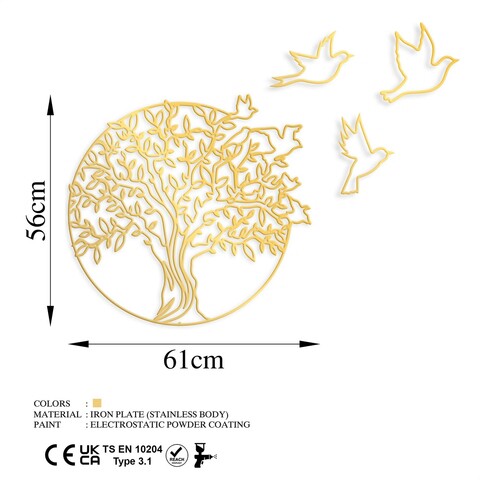 Decoratiune de perete, Tree And Birds 4, Metal, Dimensiune: 61 x 56 cm, Auriu