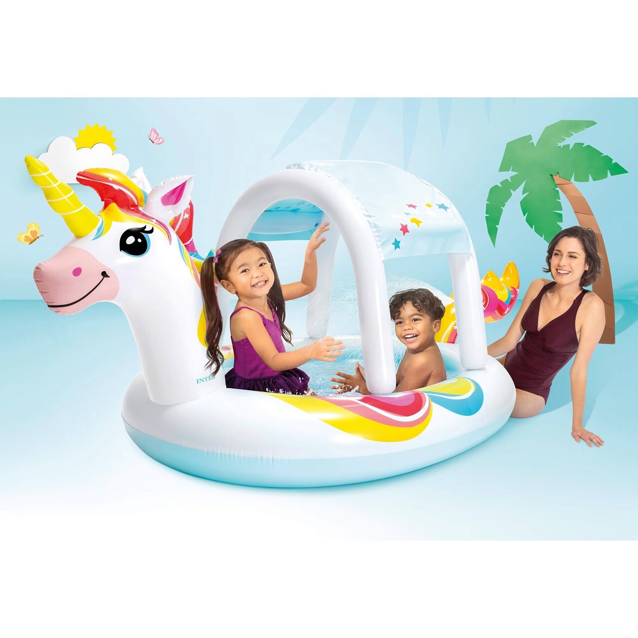 Piscina gonflabila pentru copii Unicorn, Intex, 254x132x109 cm, 130 L, polivinil, multicolor