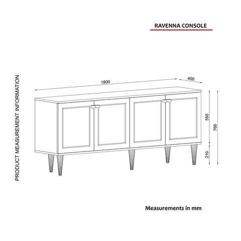 Bufet Ravenna White, Talon, 180 x 40 x 76 cm, alb/auriu/negru