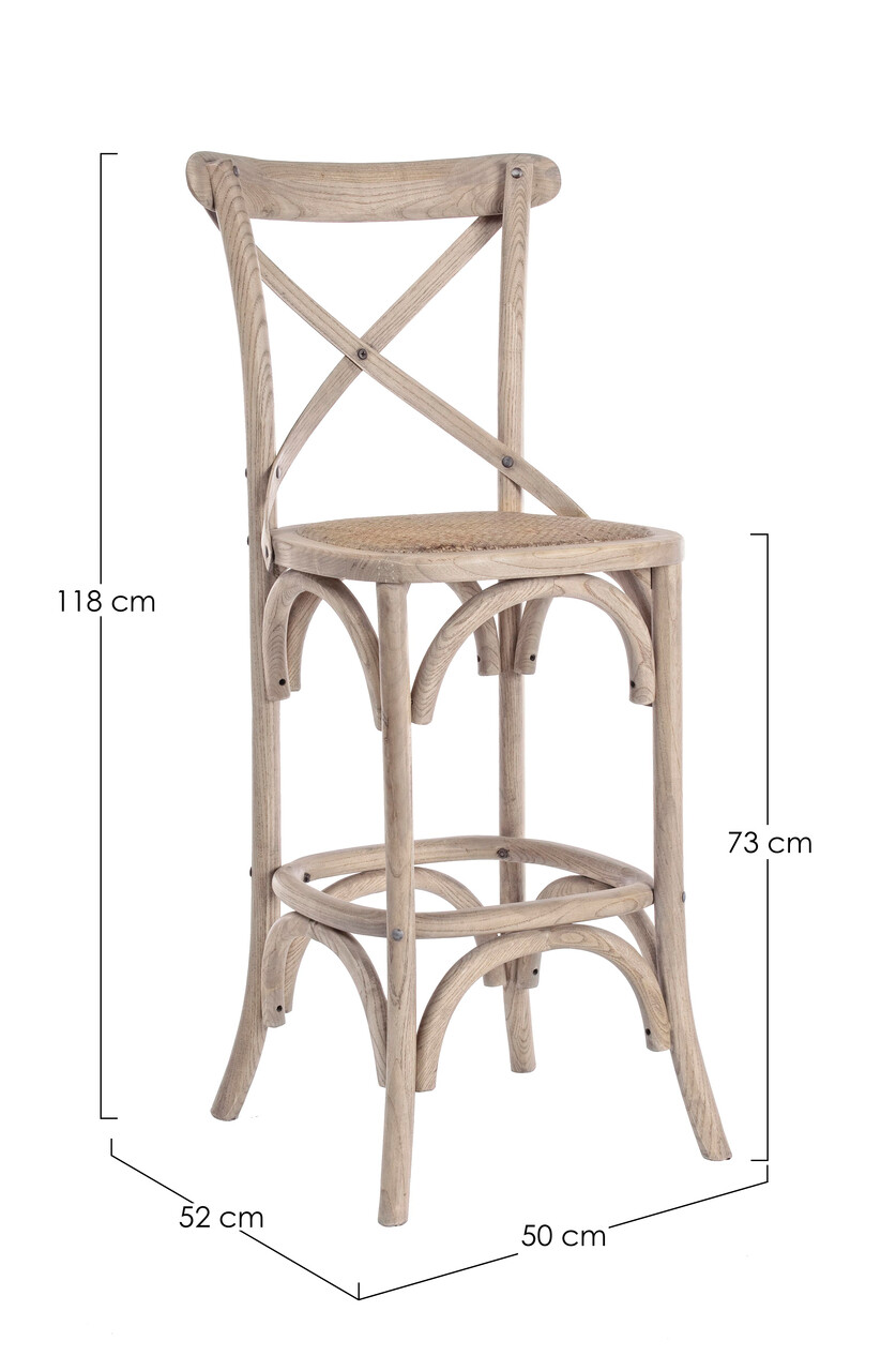 Scaun de bar Cross, Bizzotto, 50x52x118 cm, lemn de ulm/ratan, gri deschis - 2 | YEO