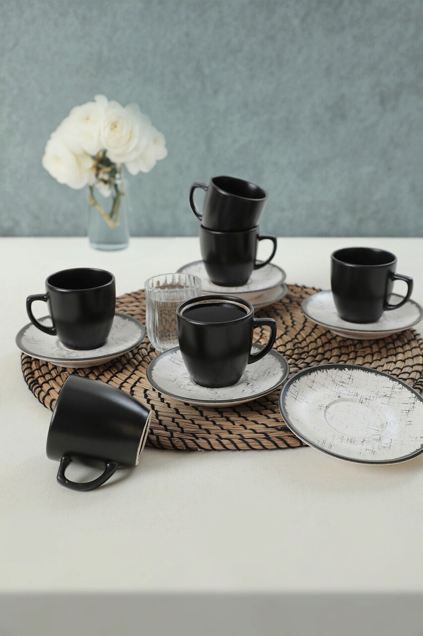 Set cesti de cafea, Keramika, 275KRM1916, 100% CERAMICA / , Dimensiune ceașcă de cafea: 6 x 6 x 6 cm / 95 ml (6 bucăți), Alb/Negru