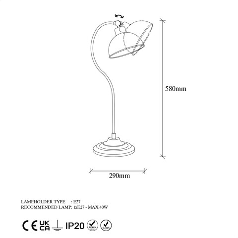 Lampa de masa, Konika - 12261, Fulgor, 19 x 29 x 58 cm, 1 x E27, 40W, auriu