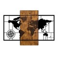 Decoratiune de perete, World Map With Compass, 50% lemn/50% metal, Dimensiune: 85 x 58 cm, Nuc / Negru