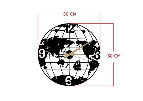 Ceas de perete, Globe Clock, Metal, Dimensiune: 50 x 50 cm, Negru