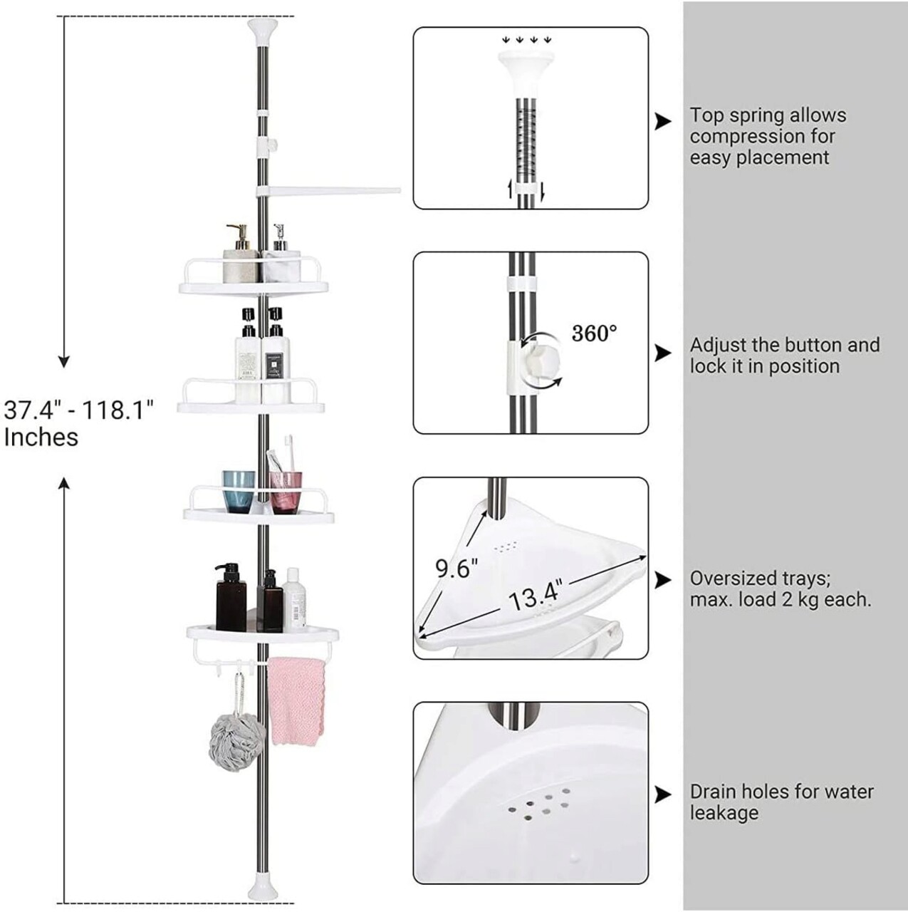 Etajera de colt extensibila pentru baie, Vasagle, 95-305 cm, plastic, alb