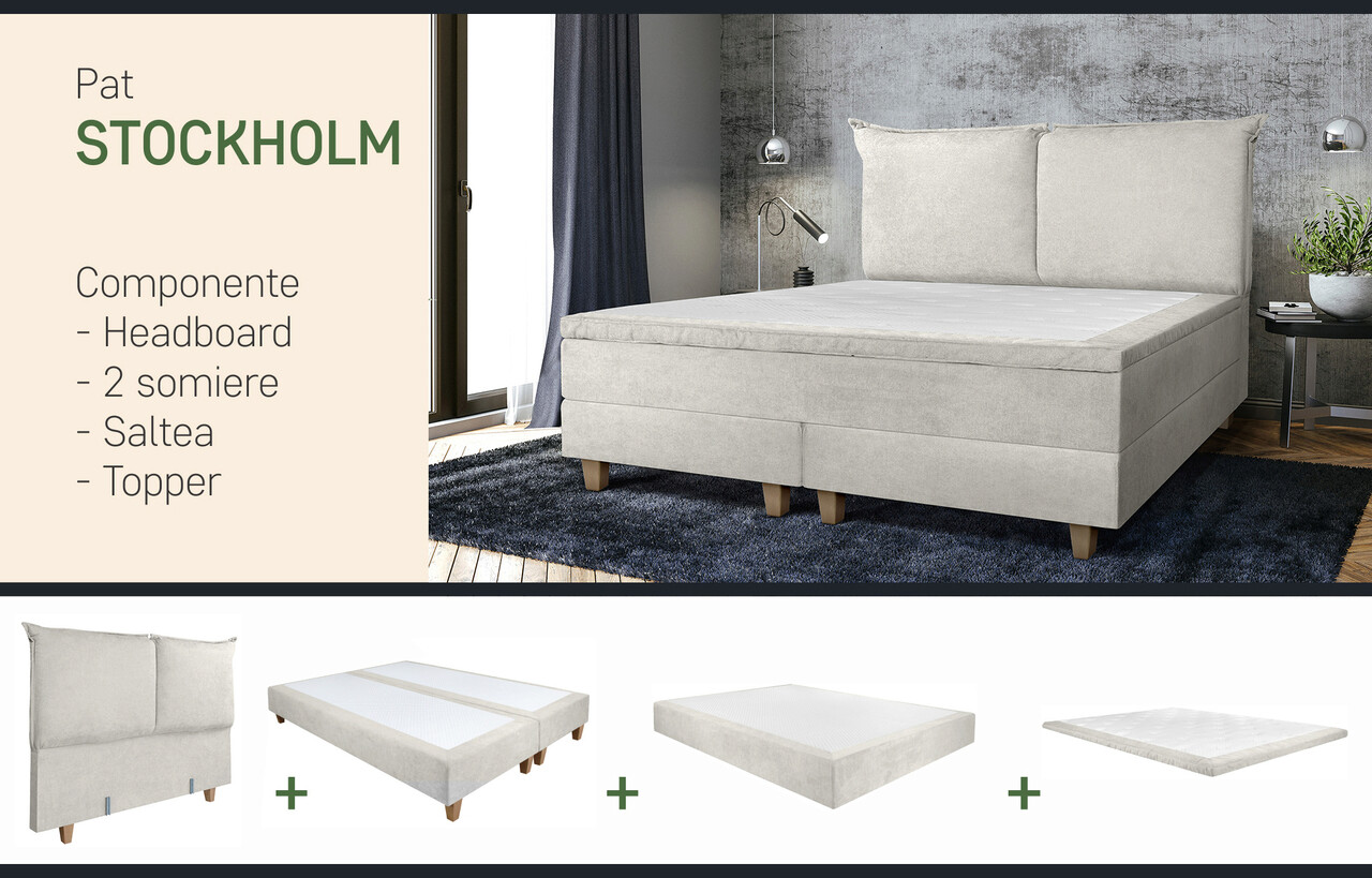 Pat matrimonial, Stockholm, Pillows E, 140x200 cm, saltea tip Pocket, topper memory, Bej - 1 | YEO