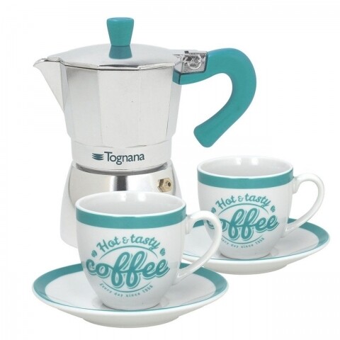 Set cafetiera cu 2 cesti si farfurii Grancucina, Tognana, aluminiu/portelan, multicolor