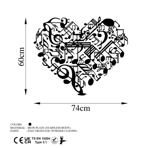 Decoratiune de perete, Musical Heart, Metal, Dimensiune: 74 x 60 cm, Negru