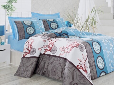 Lenjerie de pat dubla King Size, Victoria, Feodora, 6 piese, 240x260 cm, 100% bumbac satinat, albastru/maro