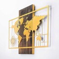 Decoratiune de perete, World Map Wıth Compass, 50% lemn/50% metal, Dimensiune: 85 x 58 cm, Nuc / Aur