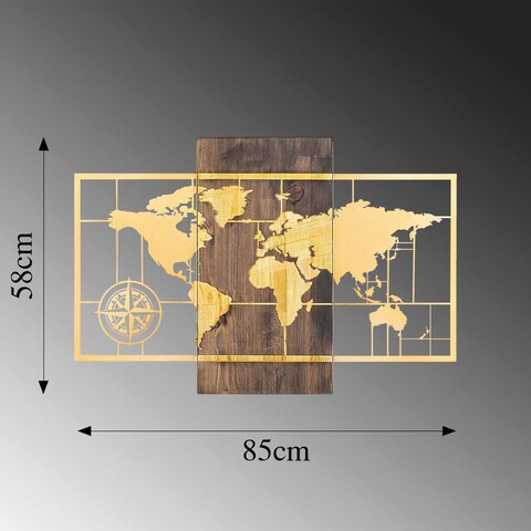 Decoratiune de perete, World Map Wıth Compass, 50% lemn/50% metal, Dimensiune: 85 x 58 cm, Nuc / Aur