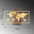 Decoratiune de perete, World Map Wıth Compass, 50% lemn/50% metal, Dimensiune: 85 x 58 cm, Nuc / Aur