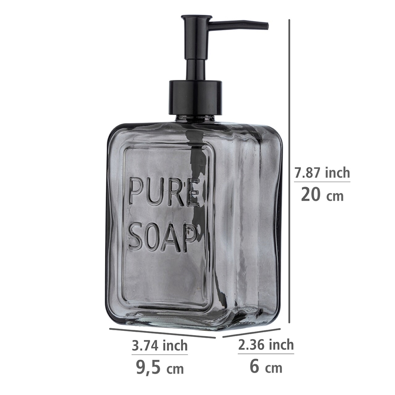 Dozator sapun lichid Pure Soap, Wenko, 9.5x6x20 cm, sticla/plastic, gri/negru