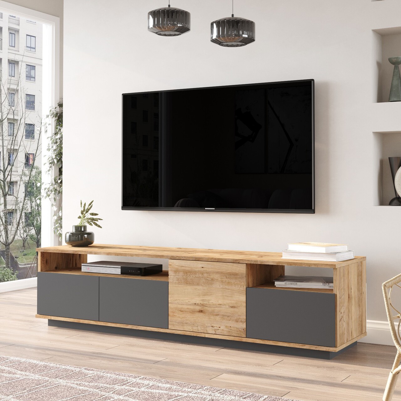 Comoda TV FR5 - AA, Locelso, 180x44.5x44.6 cm, natural/antracit - 1 | YEO