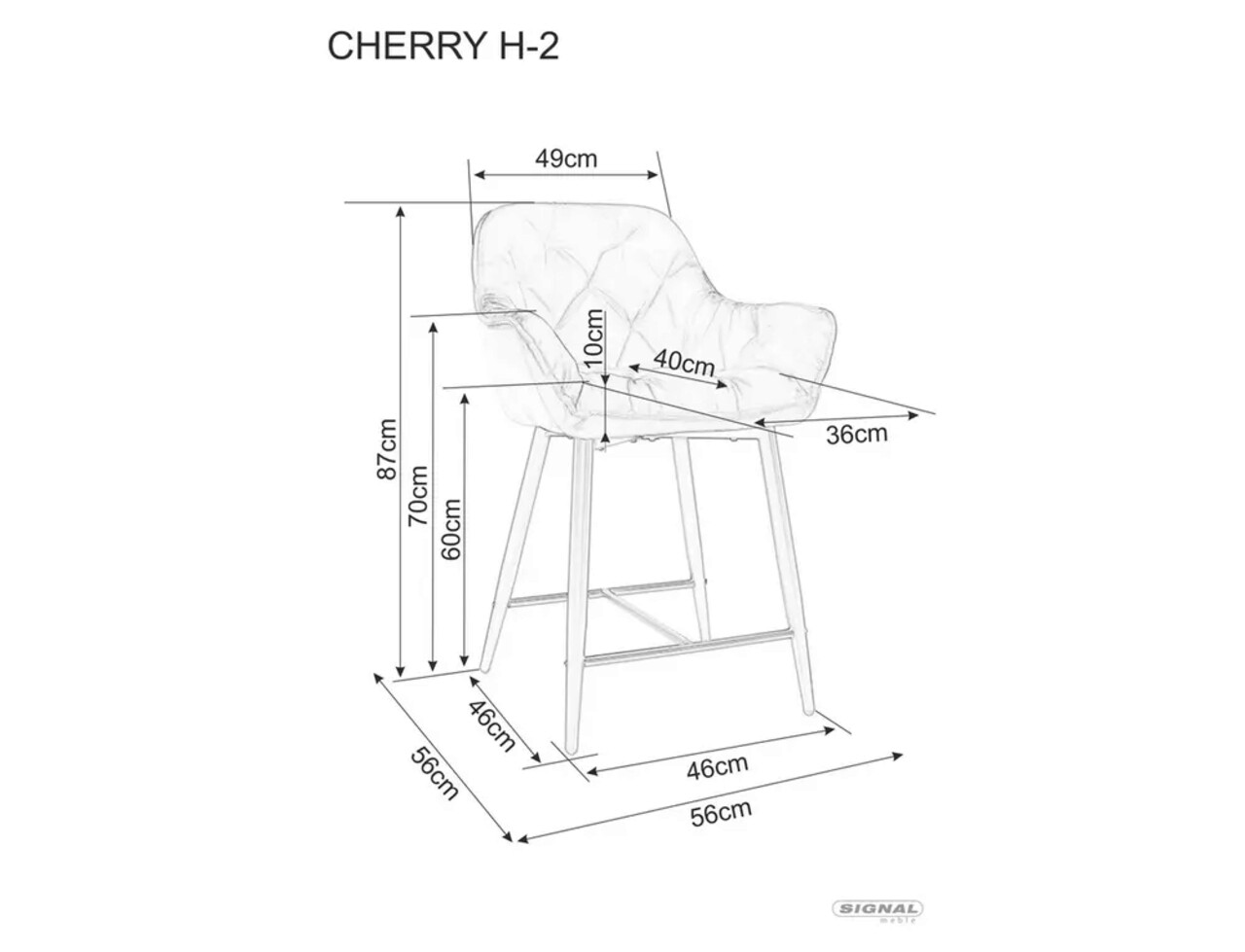 Scaun de bar Cherry H-2 Velvet, Signal, 56x40x87 cm, catifea/otel, bej/negru