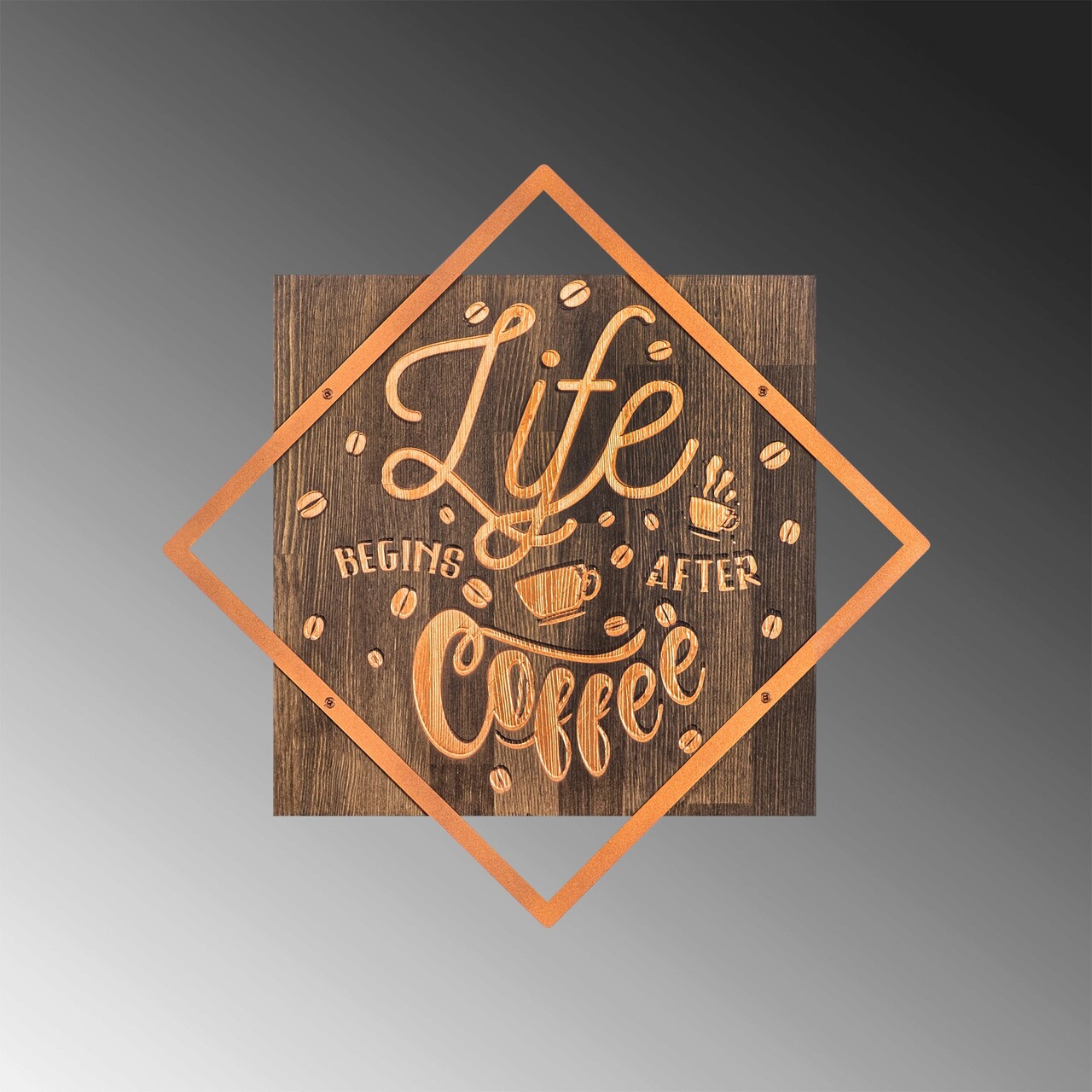 Decoratiune De Perete, Life Begins After Coffee, 50% Lemn/50% Metal, Dimensiune: 54 X 54 Cm, Nuc / Cupru