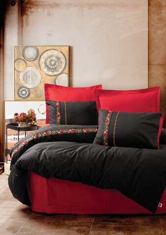 Lenjerie de pat pentru o persoana, 3 piese, 160x220 cm, 100% bumbac ranforce, Cotton Box, Flori, negru