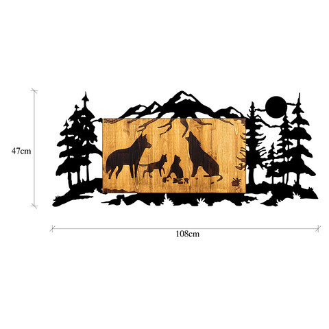 Decoratiune de perete, Wolf Family, Metal/lemn, Dimensiune: 108 x 3 x 47 cm, Nuc / Negru