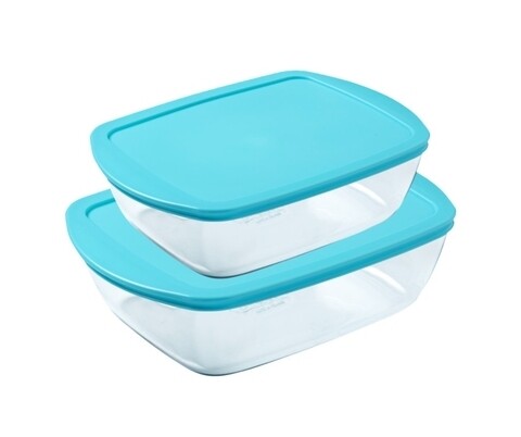 Set 2 vase dreptunghiulare cu capac, Pyrex, Cook-Store, 1.1 L/2.5 L, sticla termorezistenta/plastic, bleu