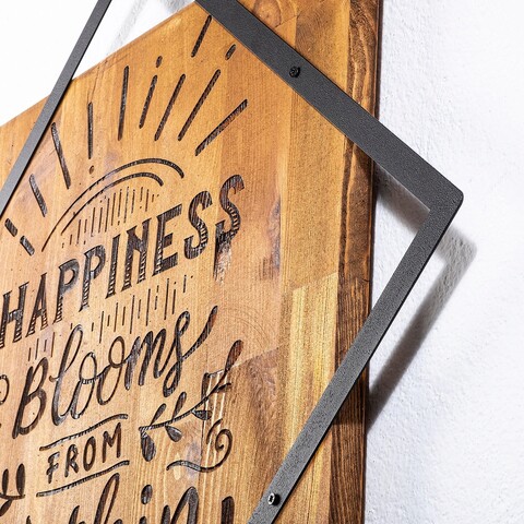 Decoratiune de perete, Happiness Blooms From Within, 50% lemn/50% metal, Dimensiune: 54 x 54 cm, Nuc / Negru