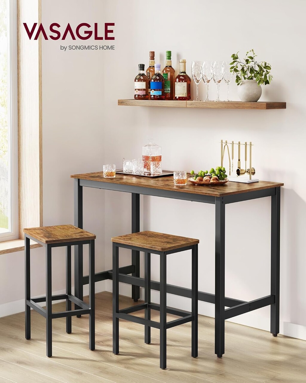 Set masa de bar + 2 scaune de bar, Vasagle, 120 x 60 x 90 cm, fier/PAL, maro rustic