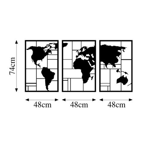 Decoratiune de perete, World Map 3, Metal, 48 x 74 cm, 3 piese, Negru