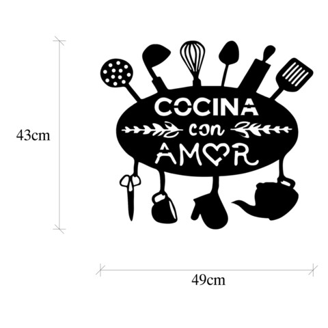 Decoratiune de perete, Cocina Con Amor, Metal, 49 x 1,5 x 43 cm, Negru