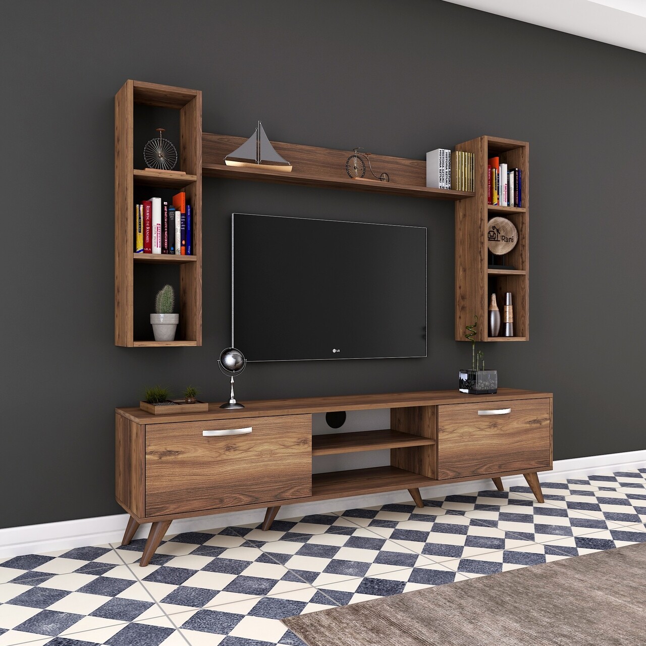 Comoda TV cu 3 rafturi de perete M5 - 240, Wren, 180 x 35 x 48.6 cm/90 cm/133 cm, walnut - 1 | YEO