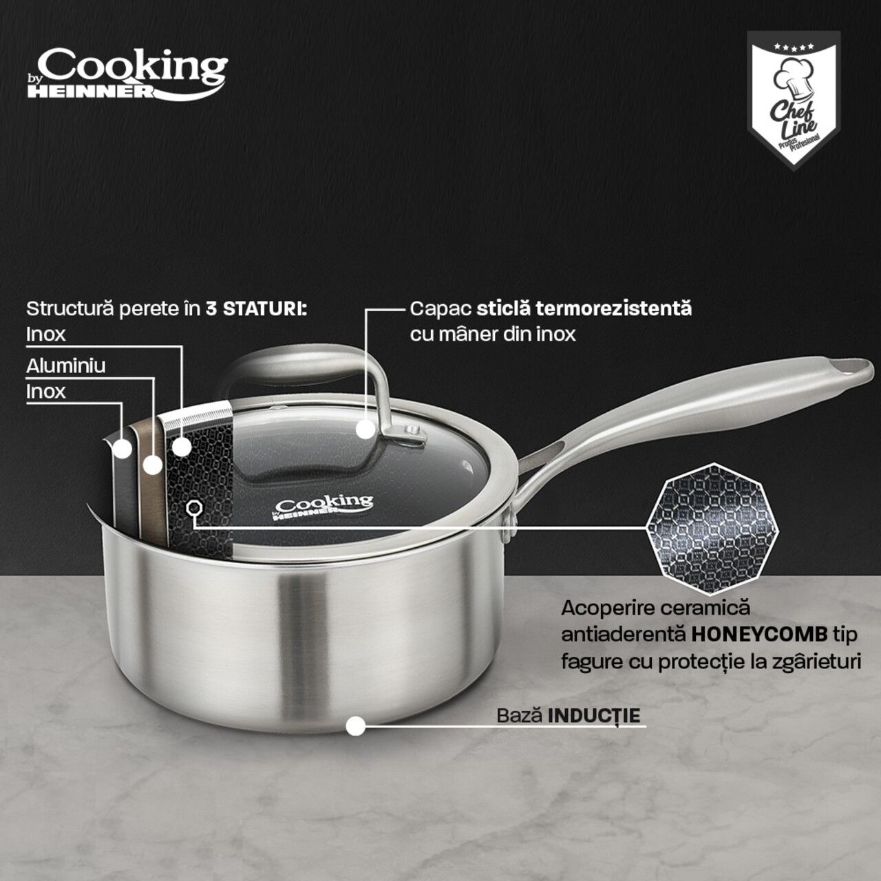 Cratita cu capac 2 L, Titanium, Cooking by Heinner, 18x9 cm, inox/sticla, argintiu